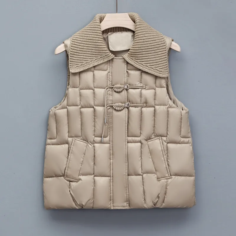 Stand Collar National Style Buckle Knitted Lapel Sleeveless Cotton-padded Jacket Vest - Khaki