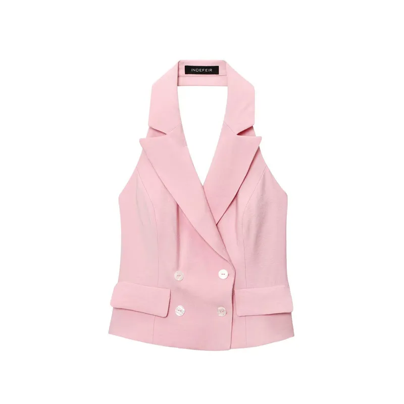 New Summer Double Breasted Hanging Collar Vest Pleated Wide Leg Pants 1608024 Suit - Top
