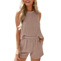 Women's Twist Strip Sleeveless Tank Top Shorts Striped Two-piece Suit - Khaki - View 1