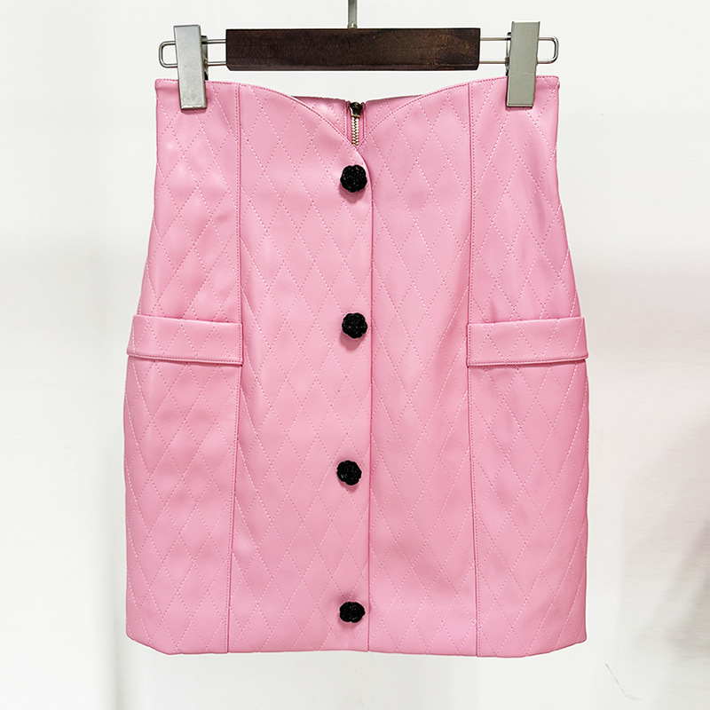 Fashion Flower Decorative Rose Buckle Rhombic Leather Short Coat Skirt - Shop at LoveMi