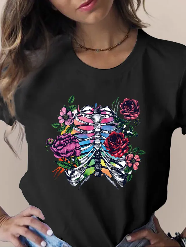 Women's Skull Flower Printed Round Neck Short Sleeve T shirt Black 4063 - Shop at LoveMi