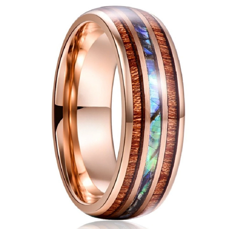 Mens 8mm Rose Gold Triple-Groove Stainless Steel Ring