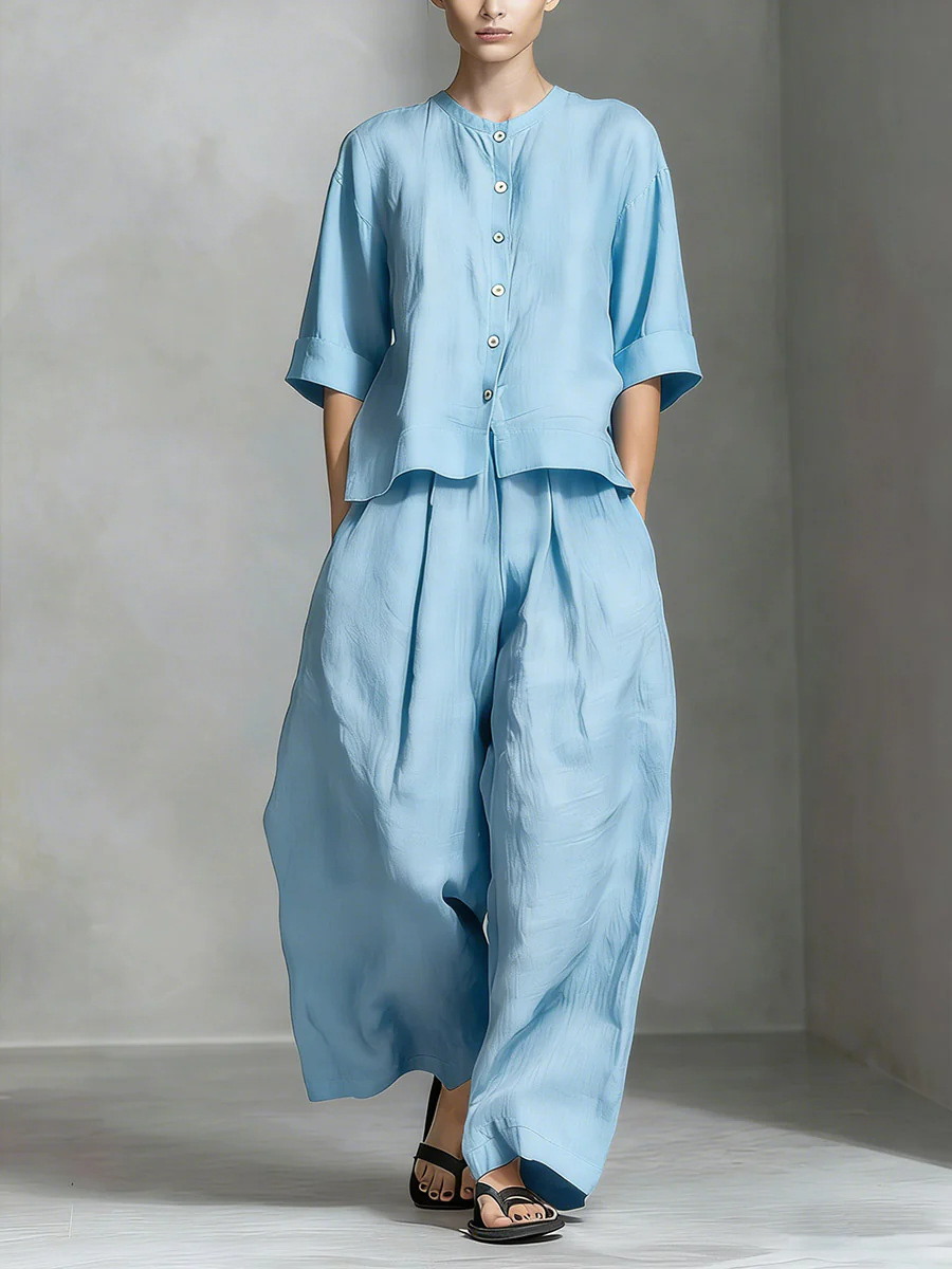 Light blue three-quarter sleeve shirt and loose trousers two-piece set – solid color casual women's fashion
