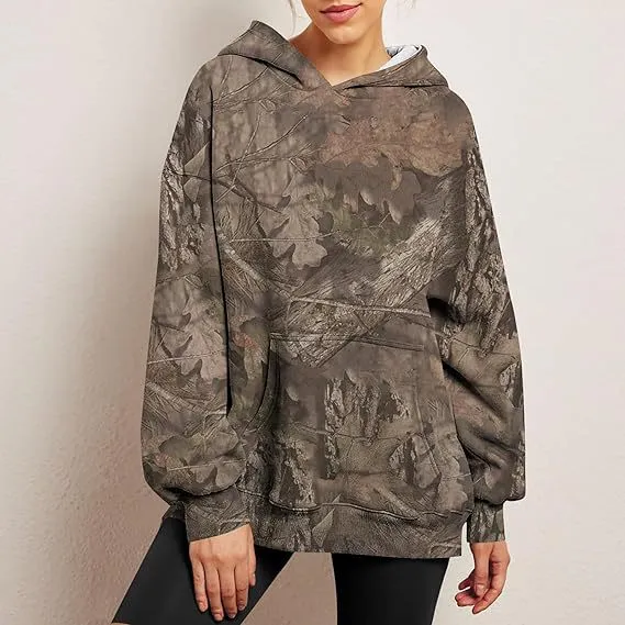 Women's Camouflage Hoodie Maple Leaf Print Oversized Sports Hoodie Color 8 Coffee - Shop at LoveMi