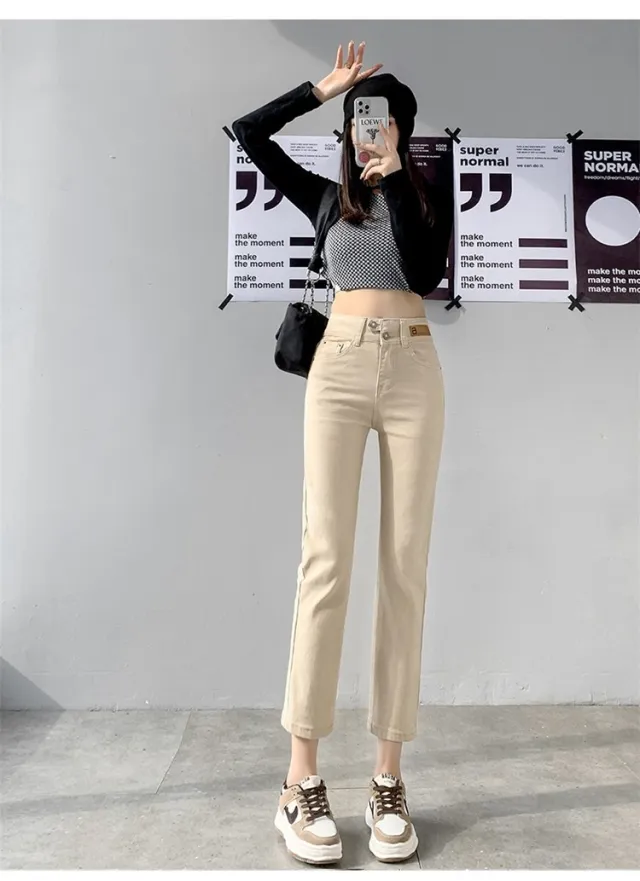 Autumn And Winter Stretch Fleece Ankle tied Straight Jeans Women's Cropped Pants Small Khaki - Shop at LoveMi