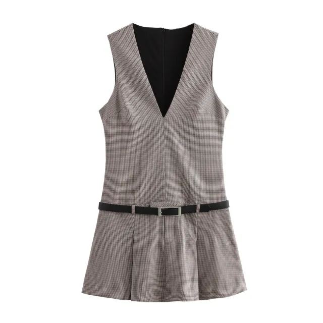 European And American Style Women's French Style With Belt Wide Pleated Sleeveless Dress Houndstooth - Shop at LoveMi