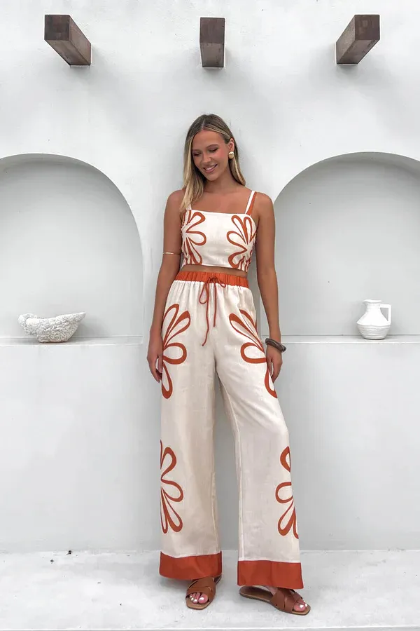 Fashion Flower Sling Top Wide Leg Pants Suit Orange Red - Shop at LoveMi