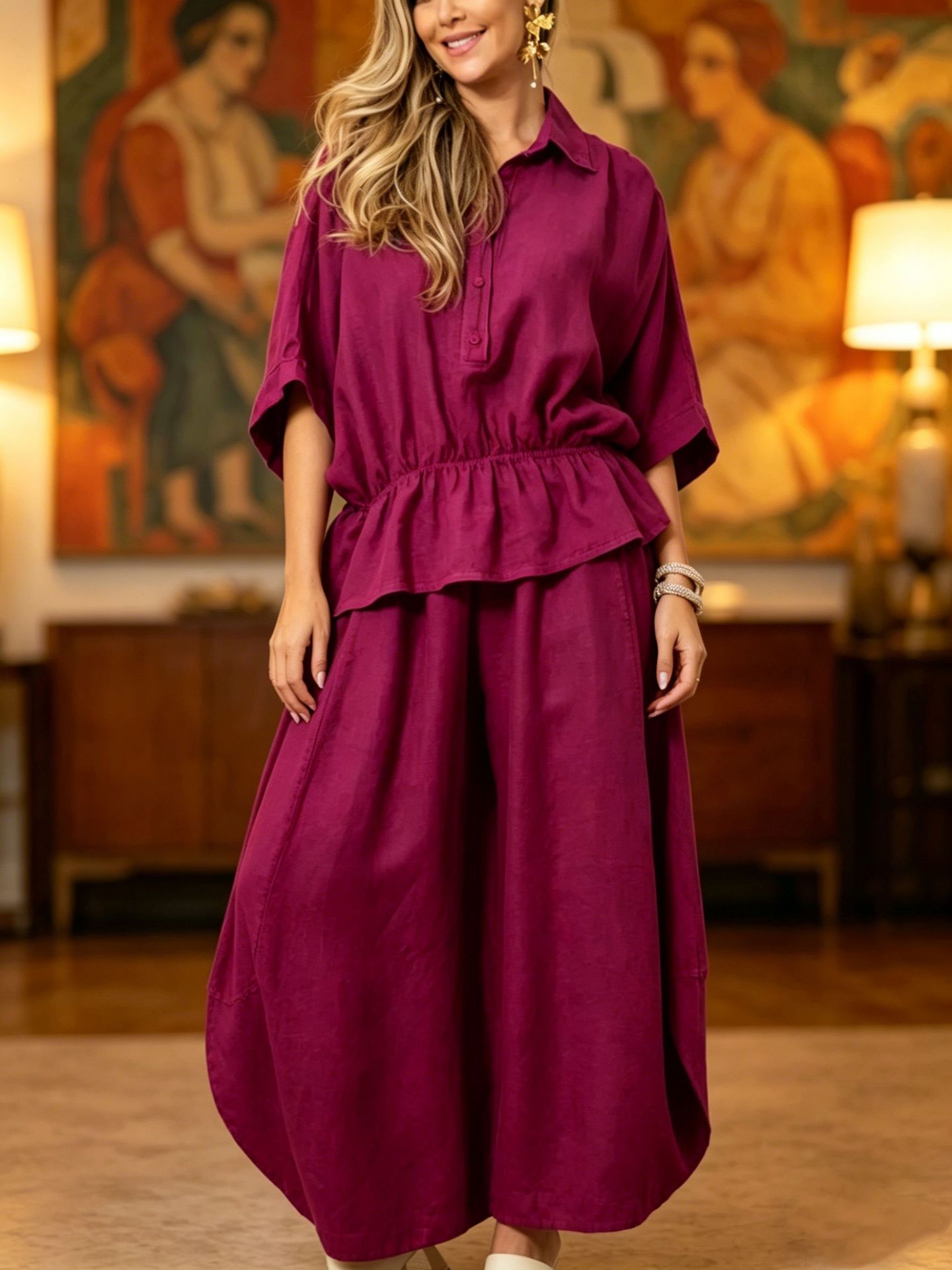 Women's belted shirt and wide-leg pants in purplish red – detail view