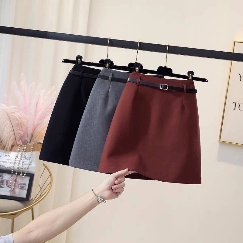 Gray Suit Skirt With Belt For Women