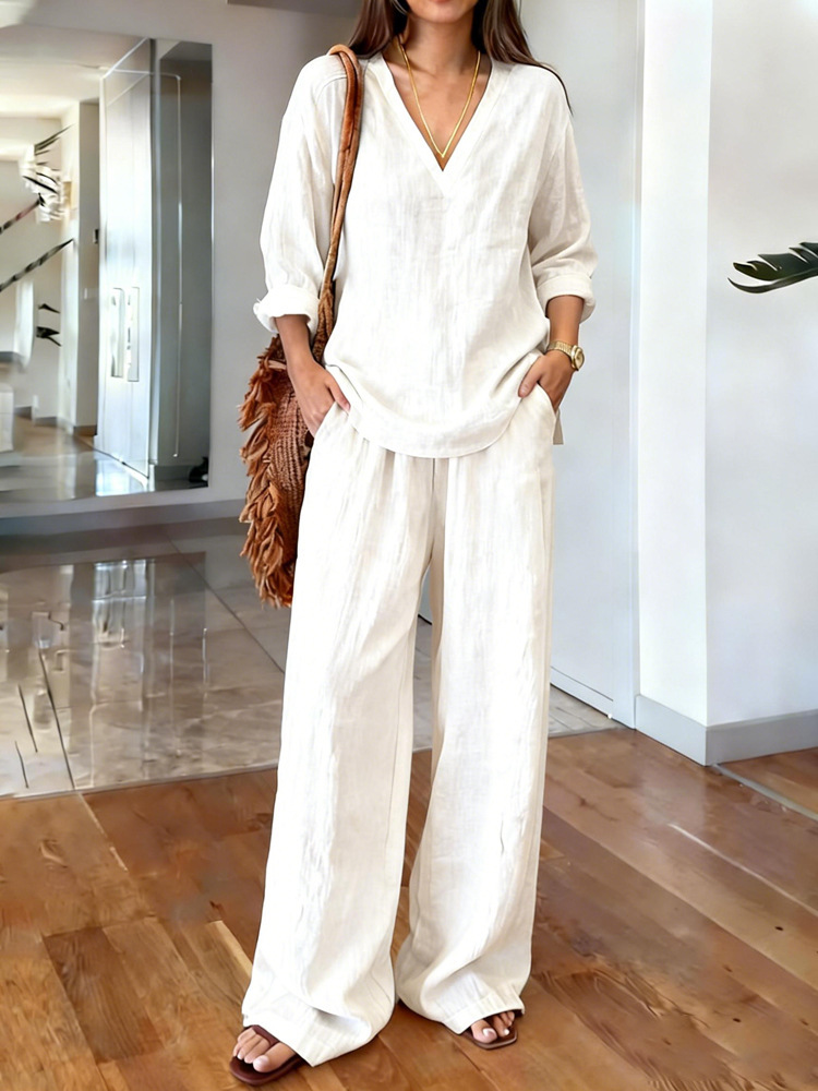 Lavender purple long sleeve top and full-length pants two-piece set – solid color elegant casual women's style
