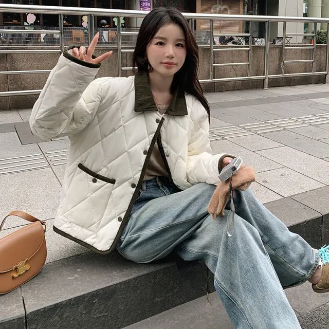 Hit Color Diamond Lattice Design Lapel Winter Lightweight Cotton Coat Coat Beige - Shop at LoveMi