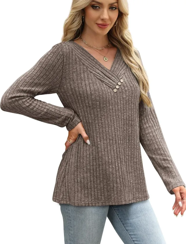 Women's Sweater Long Sleeve Shirt V neck Top Camel - Shop at LoveMi