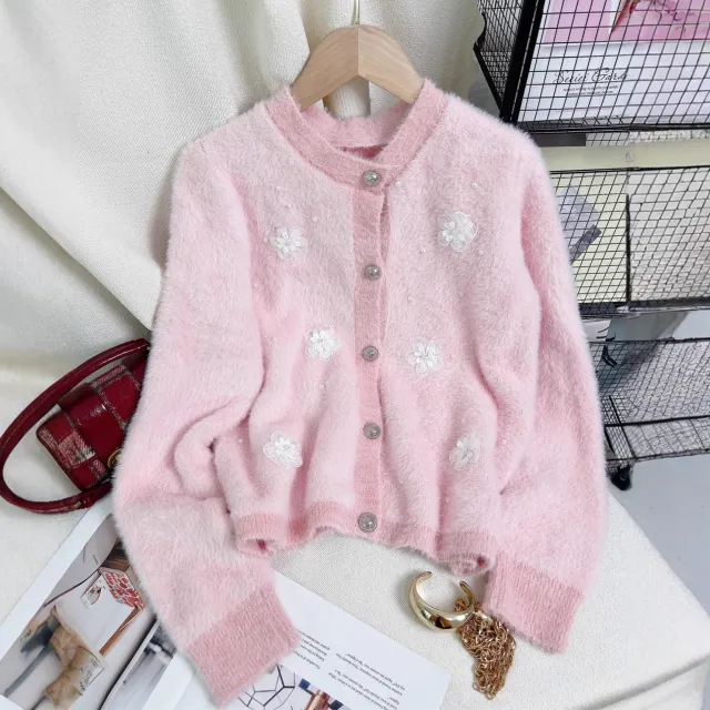 Women's Patchwork Floral Knit Cardigan Round Neck Warm Sweater Pink - Shop at LoveMi