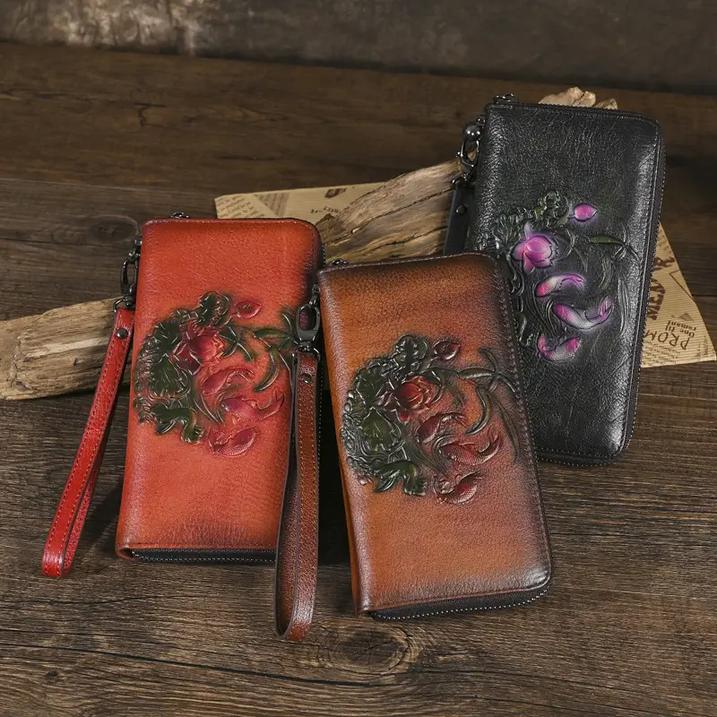 Retro Handmade Distressed Embossed Zipper Wallet