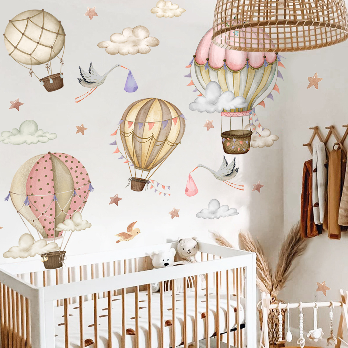 Title 2, Cartoon Hot Air Balloon Clouds Wall Sticker Bac...