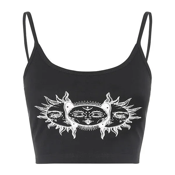 Slim fitting Suspenders Vest Pattern Printed Cropped Top Black - Shop at LoveMi