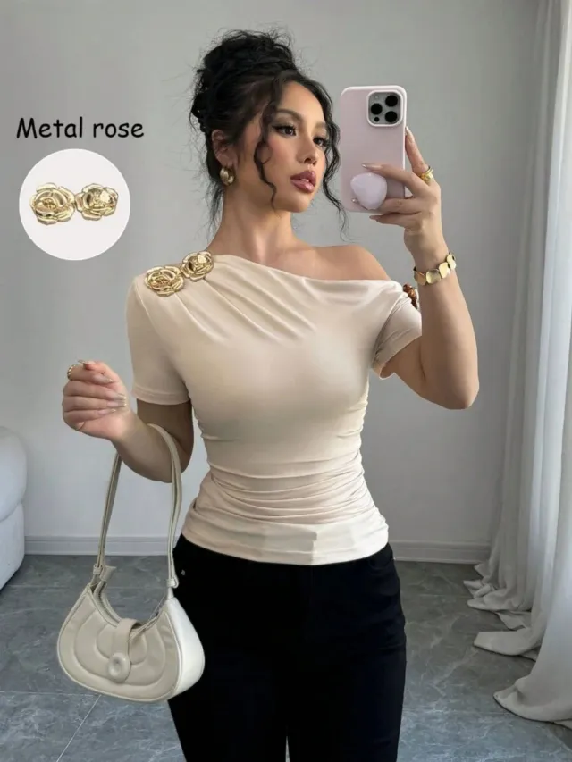 Shoulder Metal Decorative Pleating Short sleeved T shirt Champagne - Shop at LoveMi