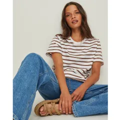 New Versatile Simple Loose Cotton Crew Neck Striped T-shirt Short Sleeve - Brown - View 1