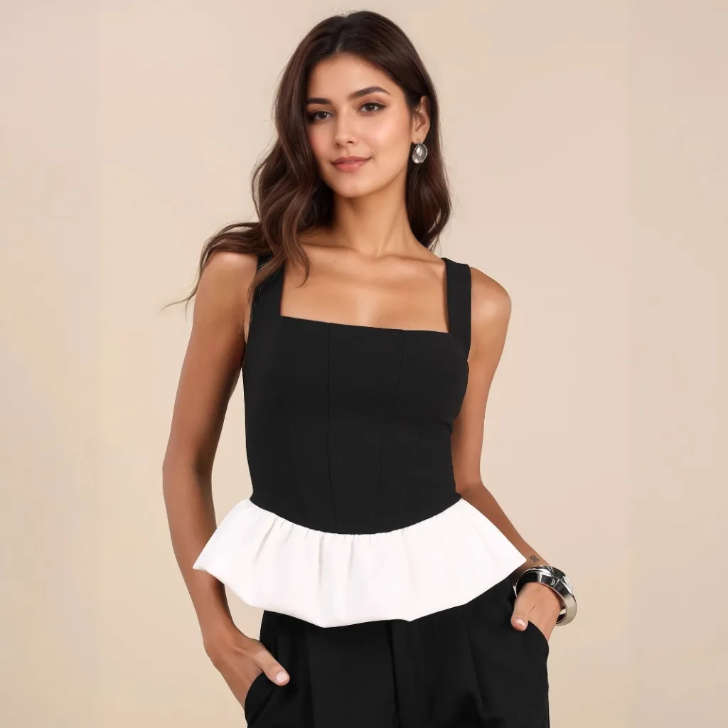 Slimming A-line Skirt With A Patchwork Pleated Top - Black