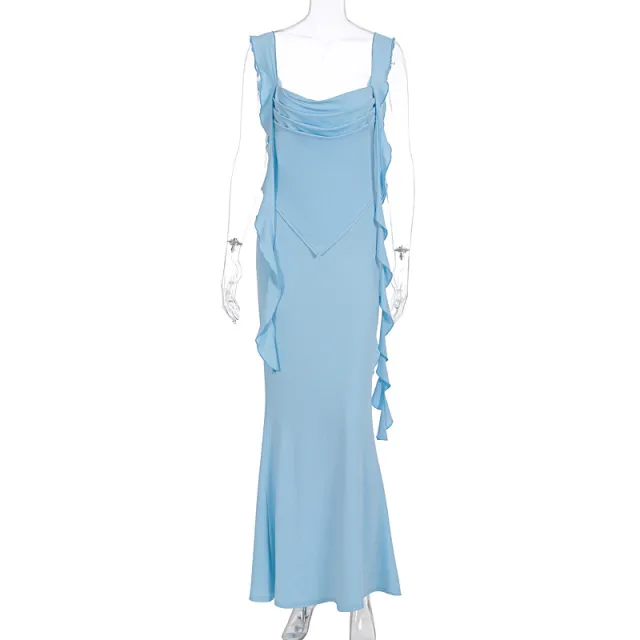 Summer Strap Tube Top Ruffled Ribbon Dress Blue - Shop at LoveMi