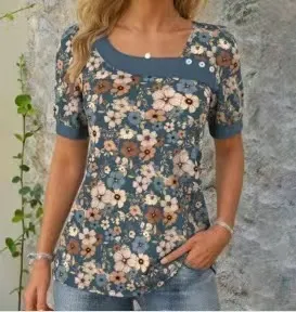 Summer New Floral Button T shirt For Women Short Sleeve Round Neck Top Peacock Green - Shop at LoveMi