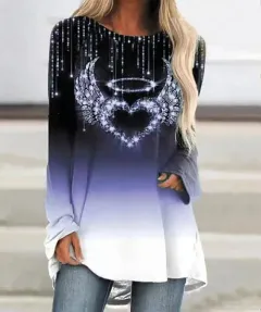 Autumn Women's Loose Round Neck Heart Printing Long Sleeve T-shirt - Blue - View 1