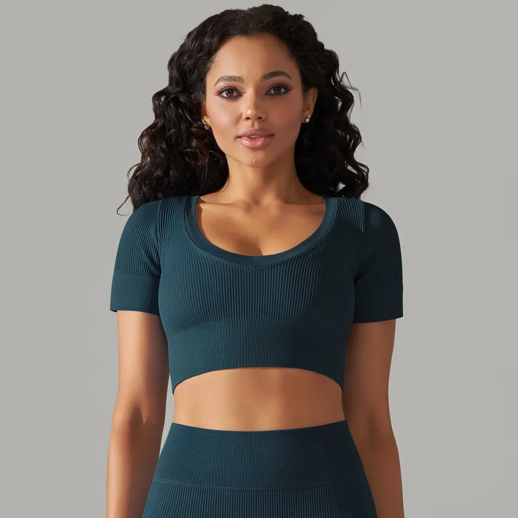 Seamless Rib Solid Color Sexy Beauty Back Yoga Clothes Sports Running Fitness - Green
