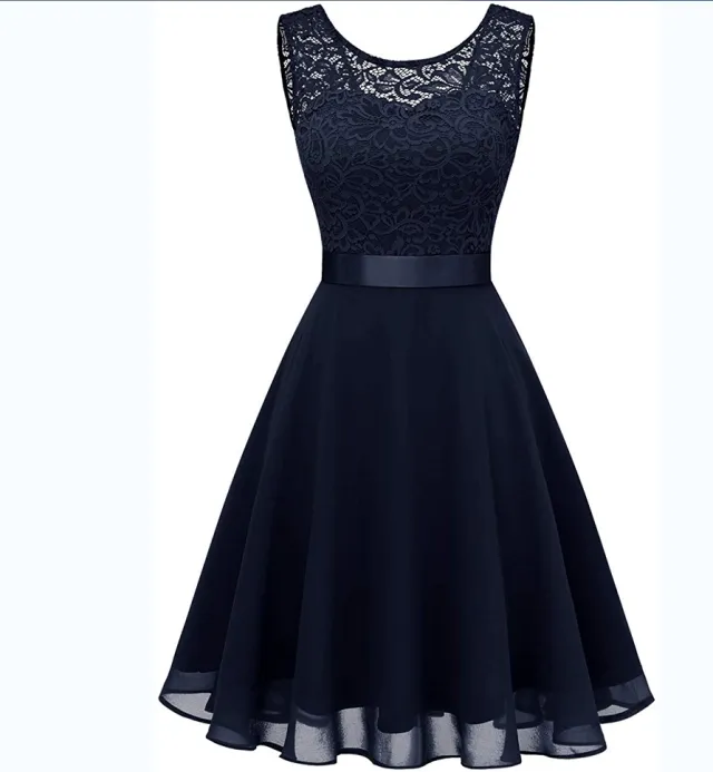 European And American Hollow Waist tight Solid Color Sleeveless Lace Hepburn Dress Blue - Shop at LoveMi