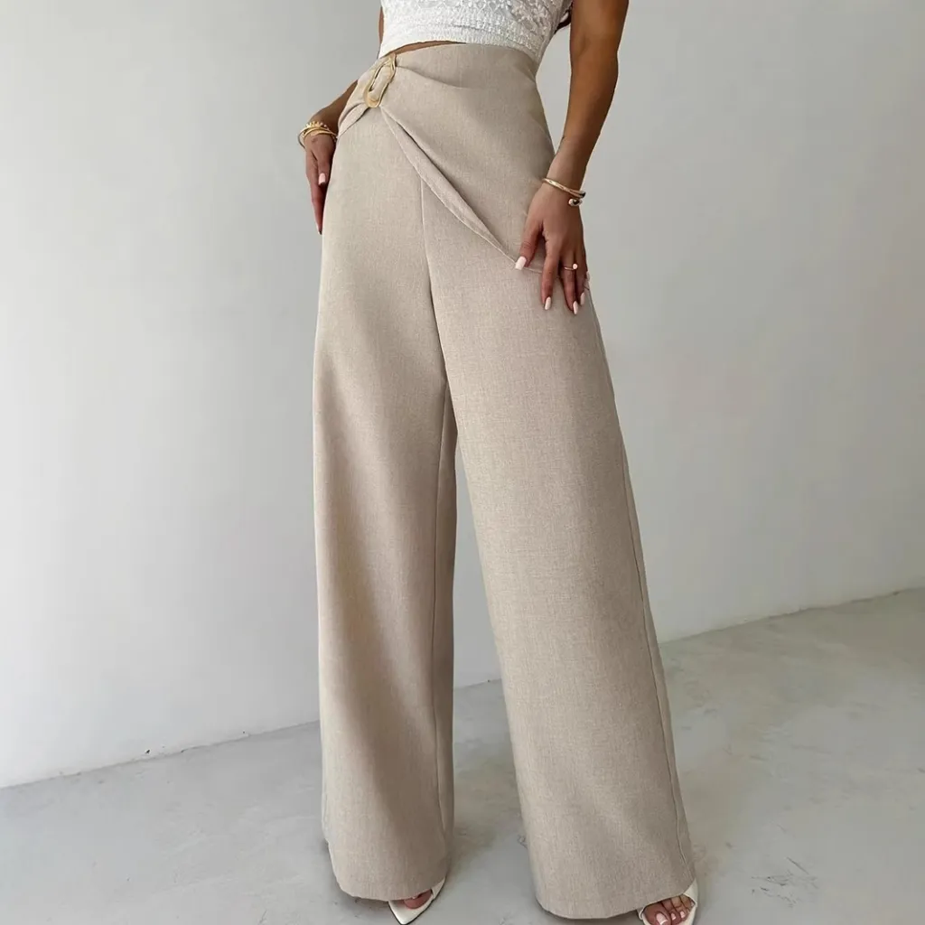 High Waist Beige Metal Buckle Wide Leg Pants - Beige