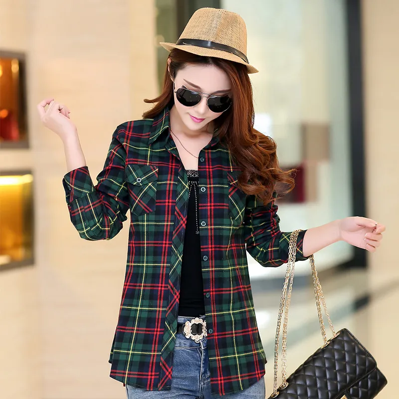 Korean Style Plaid Women's Autumn Clothing Slim Women Loose Cotton Long Sleeve Shirt - Green
