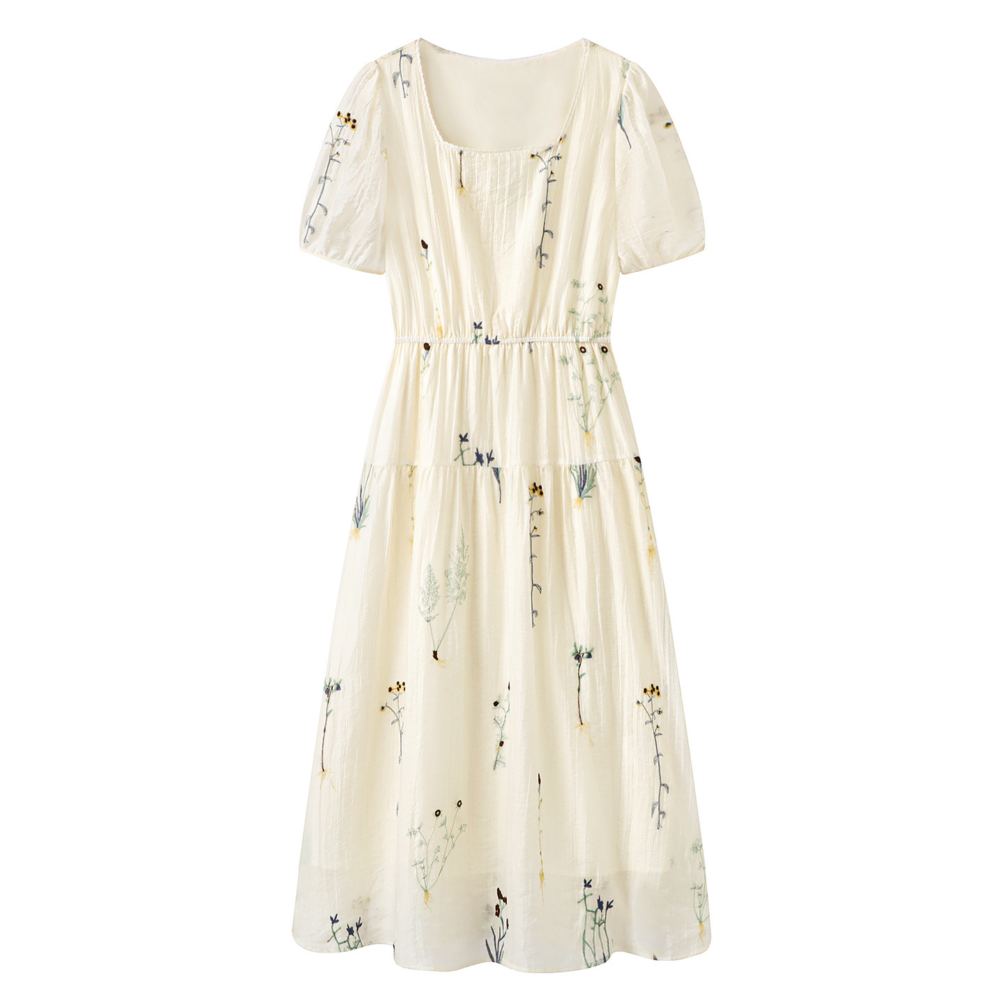 Plant Flower Embroidery Tencel Female French Square Collar Dress