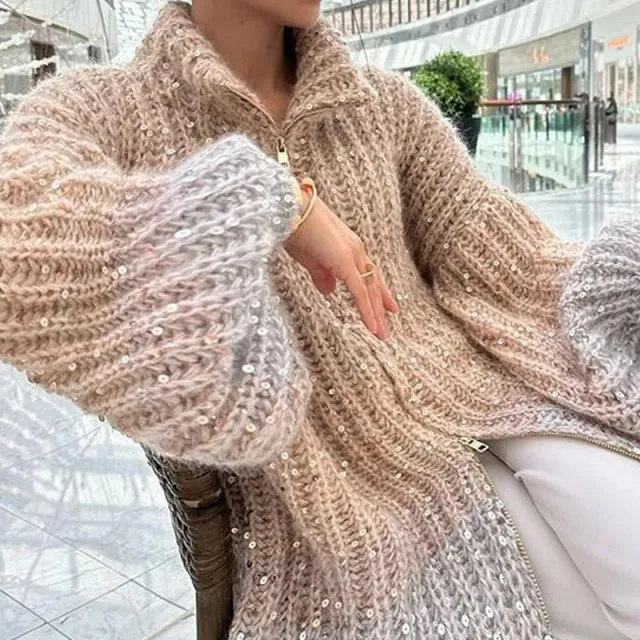 Western Classy Style Fashion Sequin Design Knitwear Coat Khaki - Shop at LoveMi