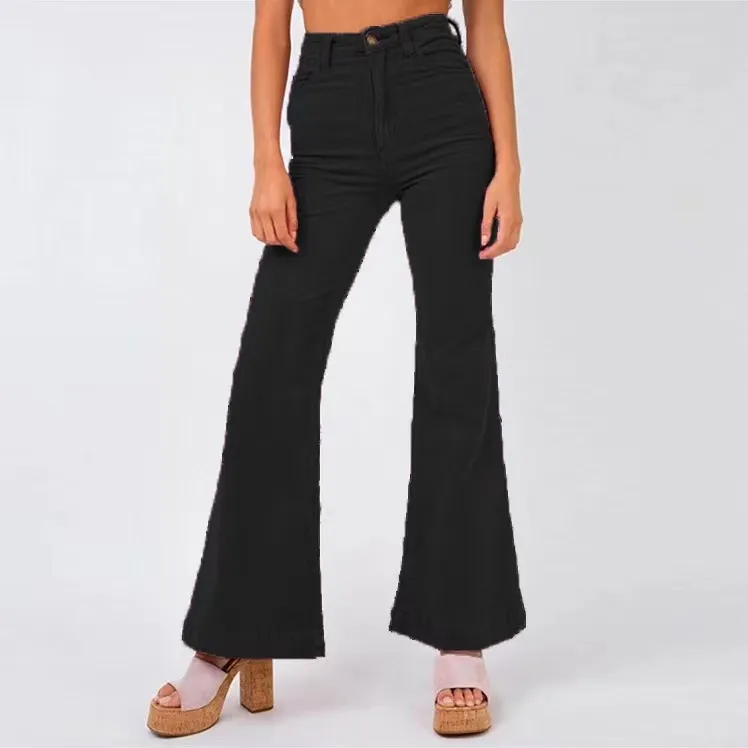 Fashion New Corduroy Bell-bottom Pants Wide Leg Pants Women Street Solid Color Casual - Black