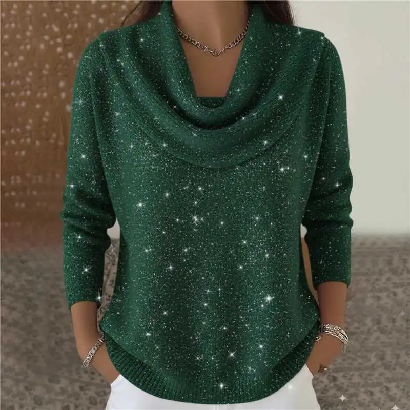 Women Soft-Shine Relaxed Round Neck Knit Sweater - Dark Green