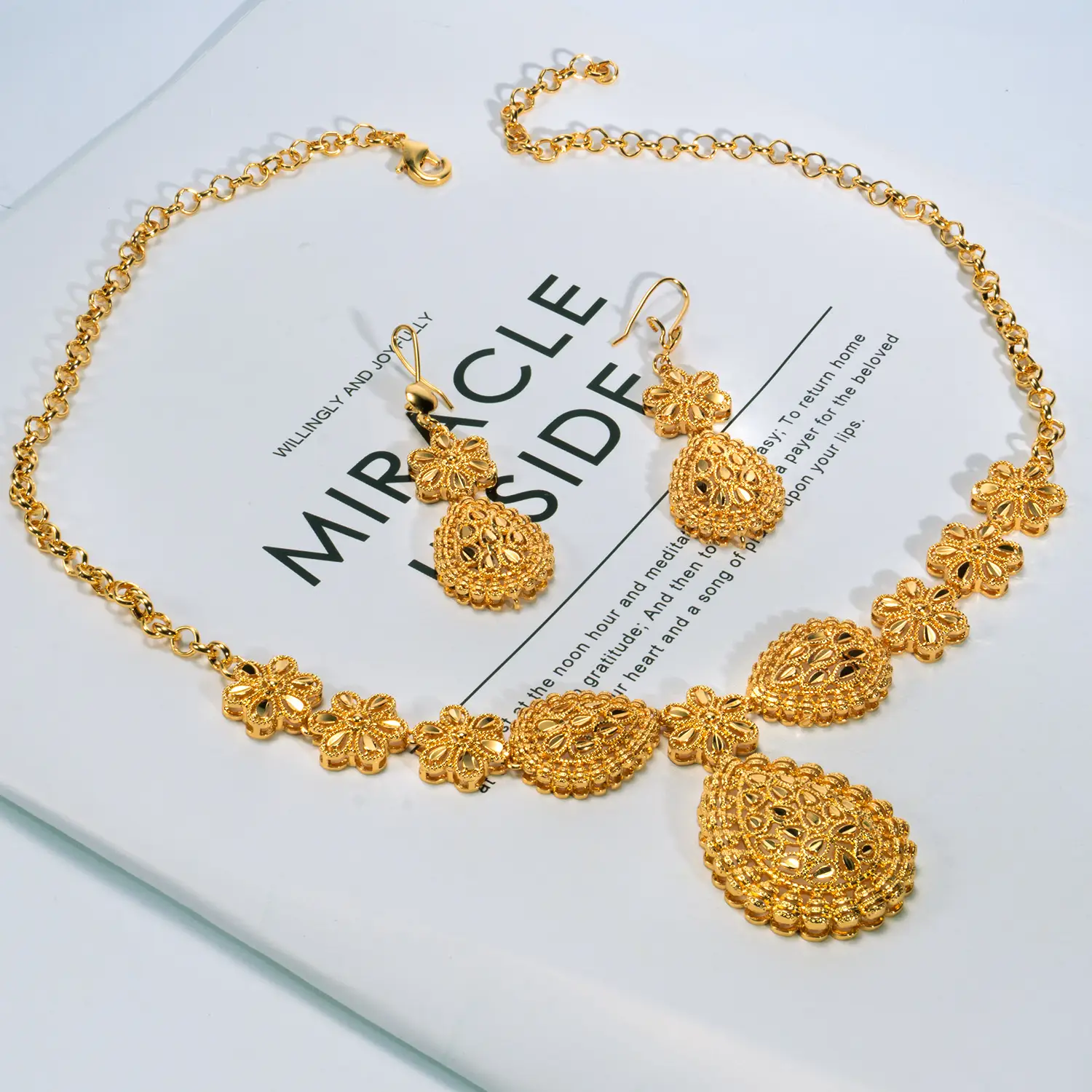 24K Gold Plated Bridal Necklace Two-piece Earrings Set India Dubai