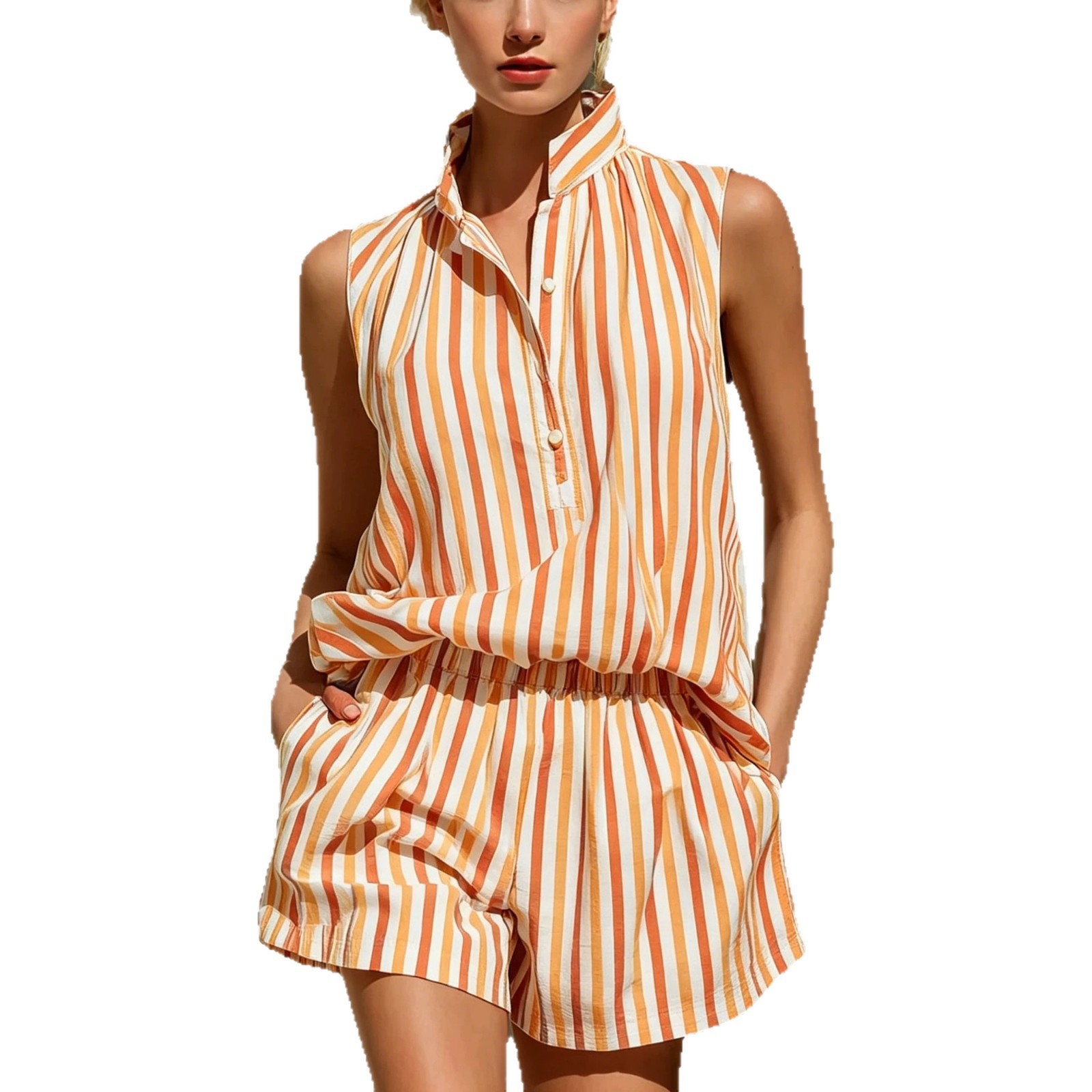 Woman in orange and white striped casual vest and shorts set with mandarin collar