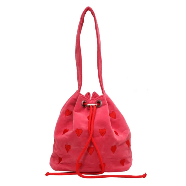 Embroidery Love Pull belt Shoulder Messenger Textured Mini Bucket Bag Red - Shop at LoveMi