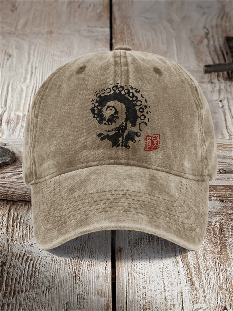 Washed Cotton Printed Hat Distressed Style Mens Vintage