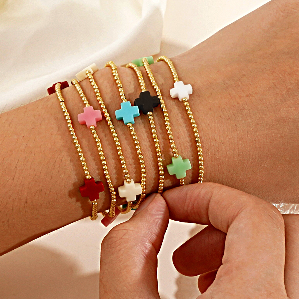 Womens Gold-colored Fine Bracelet With A Colorful Cross Design