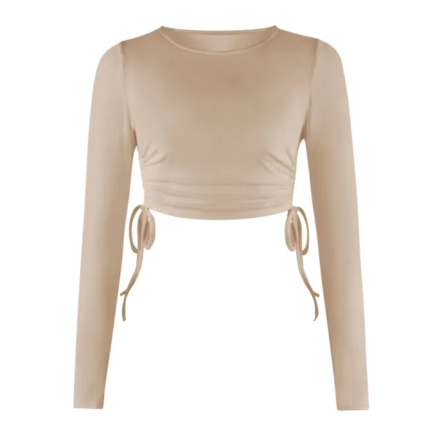 Drawstring Round Neck Long Sleeve Cropped T shirt Thread Top Gstj045 S - Shop at LoveMi