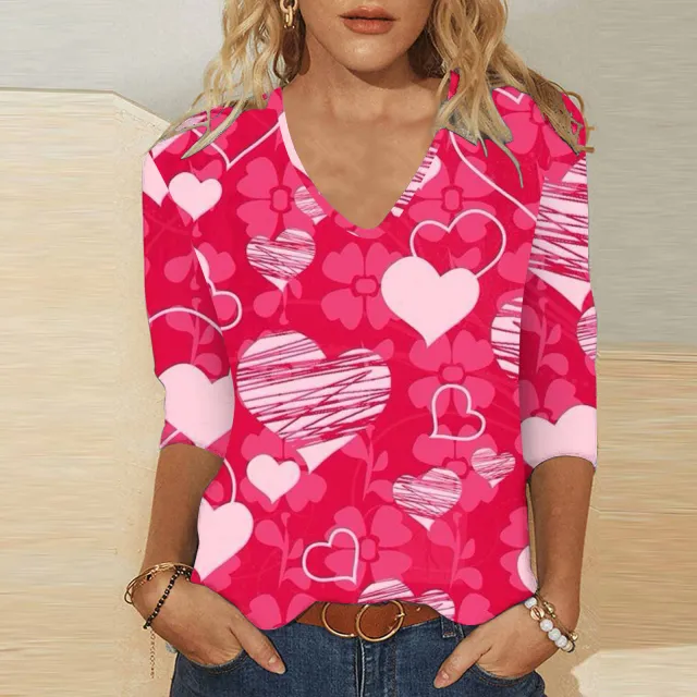 3d Digital Printing Valentine's Day Heart Printing Women's Cute Casual Loose V neck 34 Sleeves T shirt Vqfxch0858 L - Shop at LoveMi