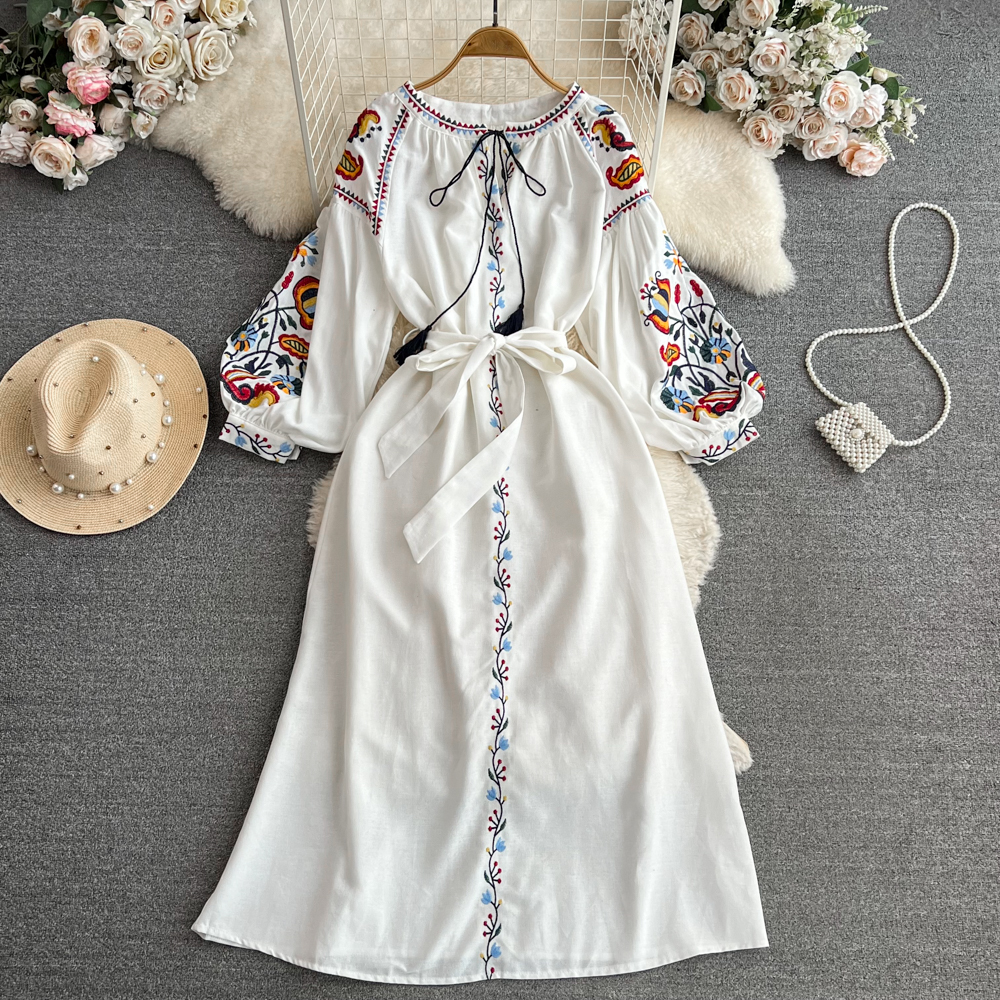 Embroidered Lantern-Sleeve Midi Dress, picture 3 of 9