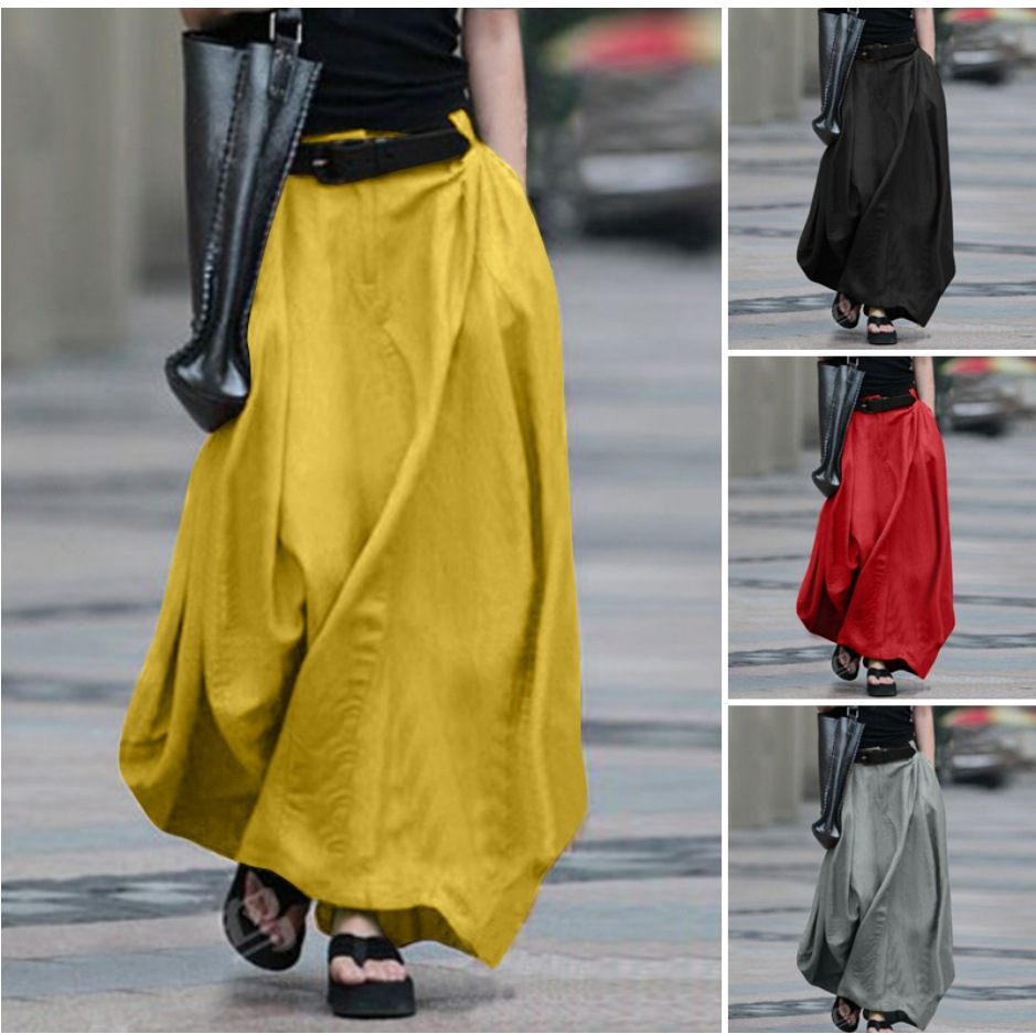 Women's High-Waist Flared Maxi Skirt – solid color cotton linen with pockets lifestyle