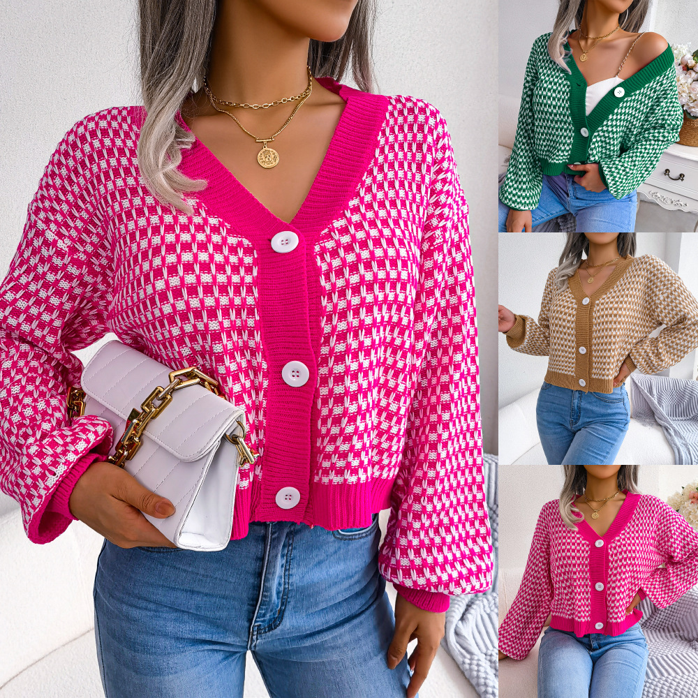 Autumn Winter European And American-style Color-block Plaid Cardigan Sweater With Puff Sleeves