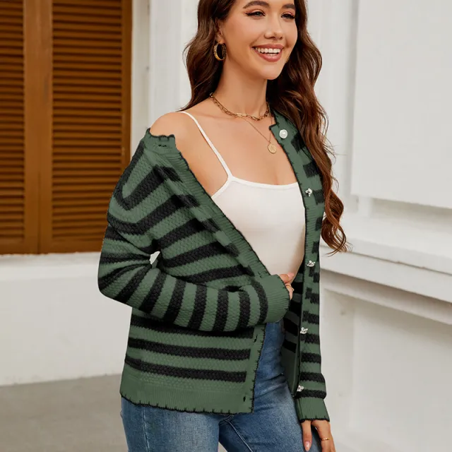 Women's Striped Sweater Button Knitted Cardigan Green And Black Striped - Shop at LoveMi