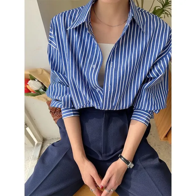Loose Temperament Chic Shirt Early Autumn Top Blue Stripes - Shop at LoveMi