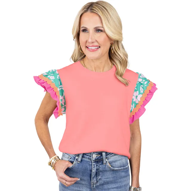 Summer New Floral Print Short sleeved T shirt For Women Fashion Color Contrast Round Neck Pullover Top For Women Pink - Shop at LoveMi