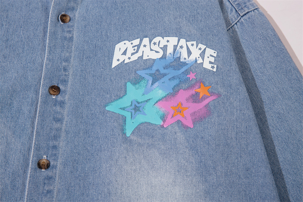 Design Five-pointed Star Graffiti Printing Denim Shirt