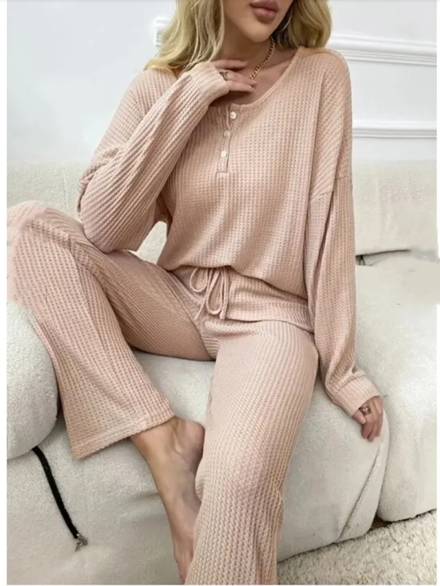 Solid Color Fashion Casual Long Sleeve Pants Two piece Set Pink - Shop at LoveMi