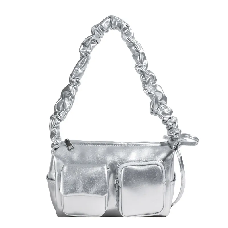 South Korea Niche Ins Casual Tote Bag Women's Large Capacity Pleated Multi-pocket - Silver